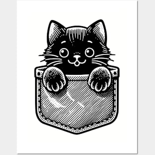 Cute Black Cat In A Pocket Posters and Art